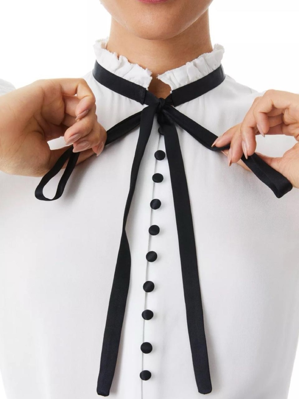 Lipslide White Ruffled Collar Blouse w Black Ribbon Tie L Dark Academia Gothic